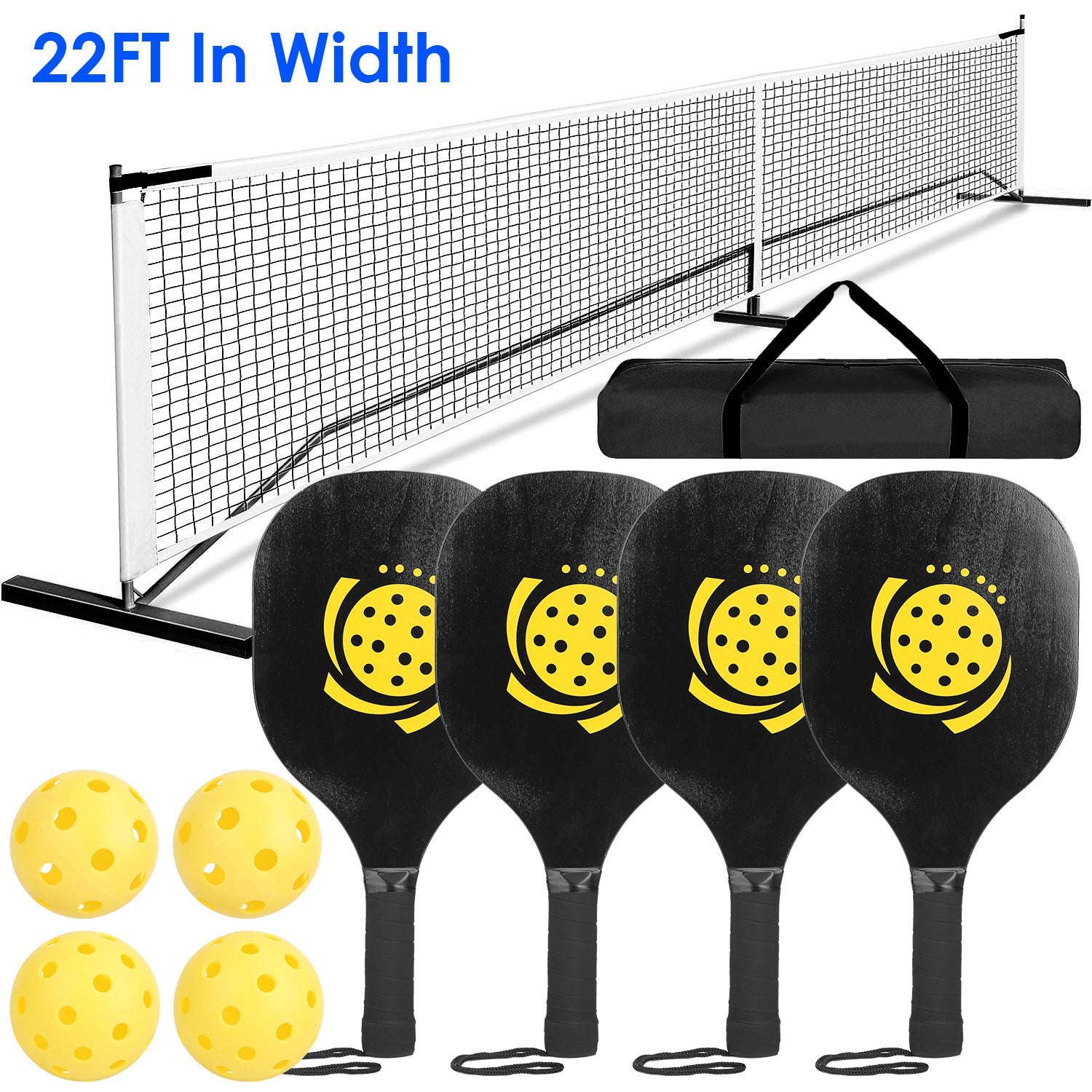 Ensemble de Pickleball Complet - Filet 22 FT + 4 Pagaies + 4 Balles + Sac
