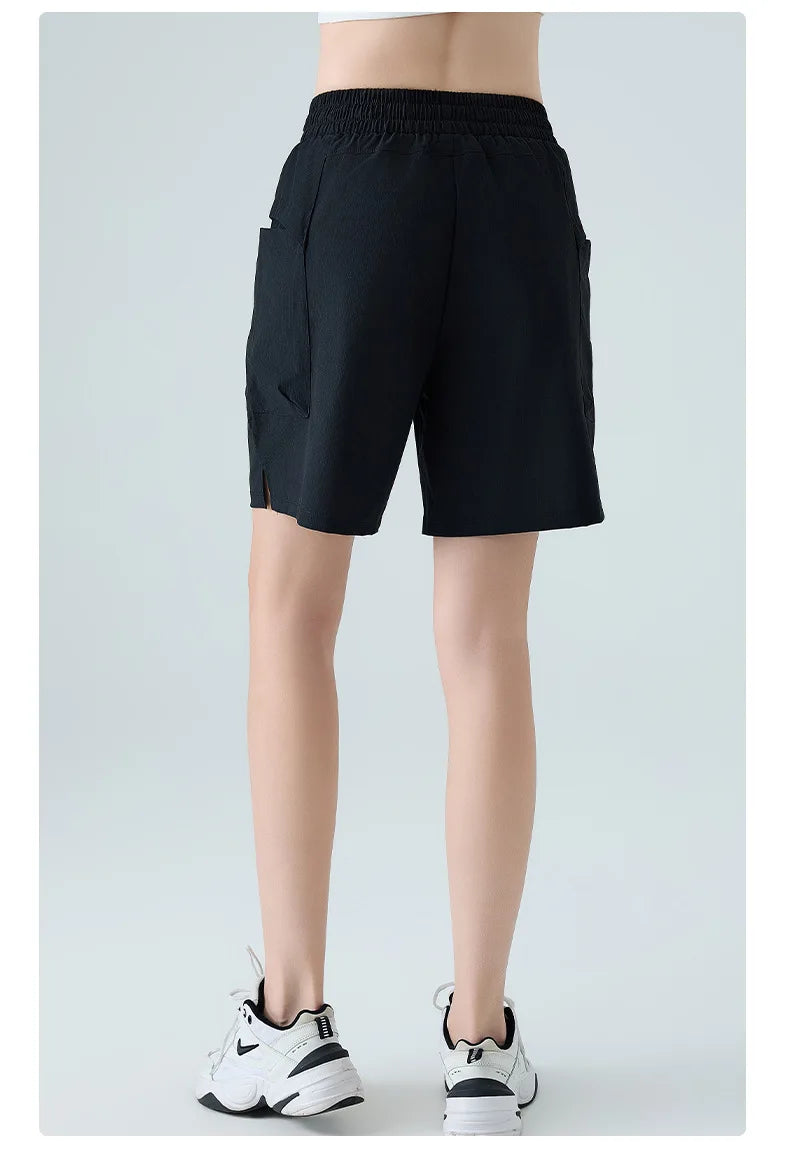New Summer Quick Drying Sports Shorts for Women, Cool, Breathable, Loose Fit, Worn with Side Pockets, Running Cropped Pants