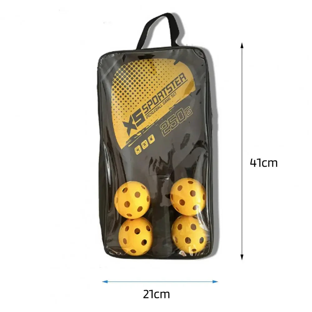Ensemble de raquettes de pickleball en bois avec 2 raquettes et 4 balles, idéal pour la pratique sportive en extérieur.