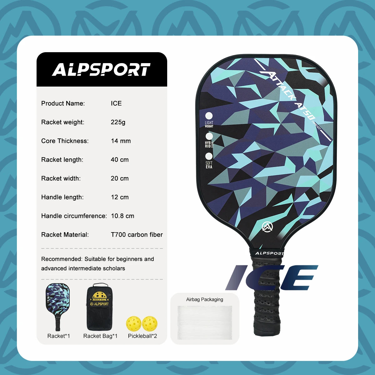 ALPSPORT ICE Double-sided T700 Carbon Fiber USAPA Certified Pickleball Paddle Black One-piece Racket Beginner Kit With Free Ball
