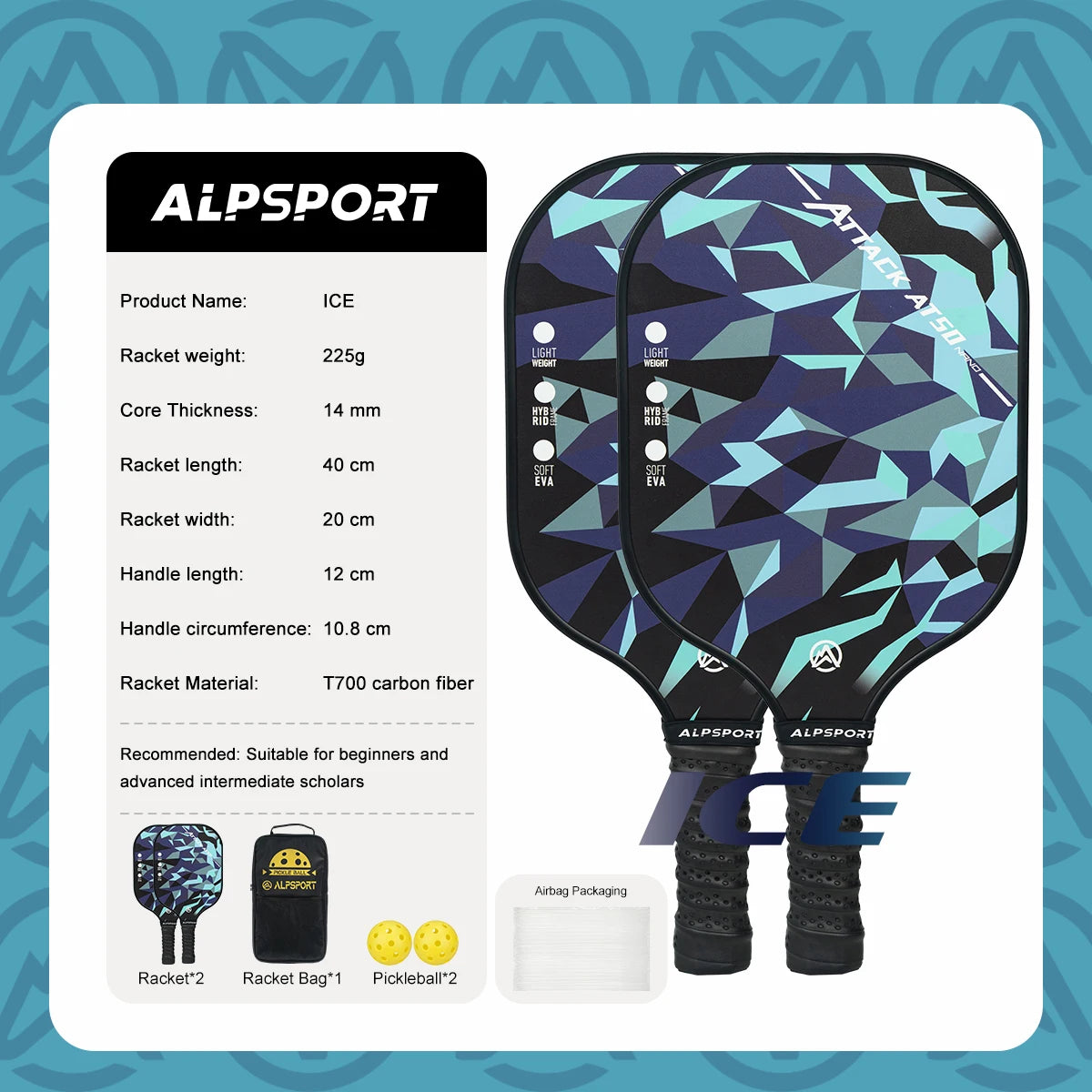 ALPSPORT ICE Double-sided T700 Carbon Fiber USAPA Certified Pickleball Paddle Black One-piece Racket Beginner Kit With Free Ball