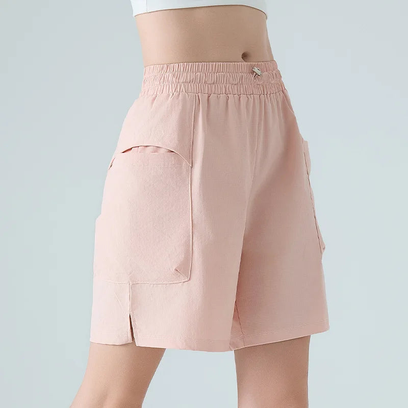 New Summer Quick Drying Sports Shorts for Women, Cool, Breathable, Loose Fit, Worn with Side Pockets, Running Cropped Pants