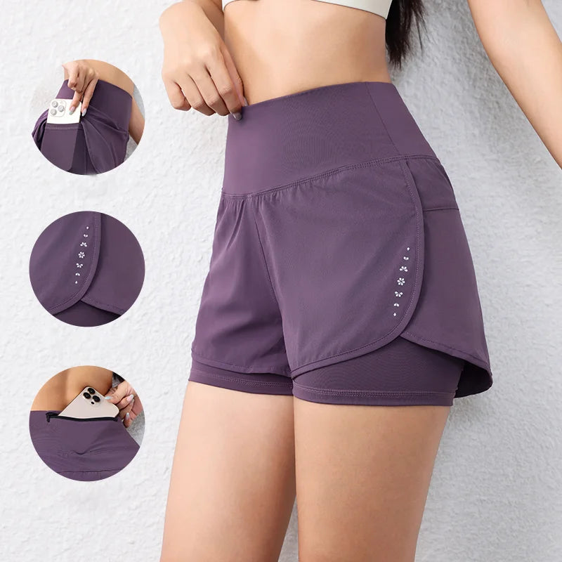 Short de running femme à séchage rapide, taille élastique, poches, short de yoga