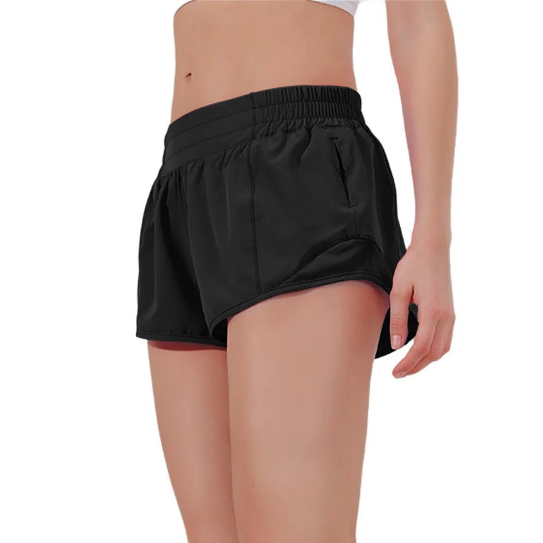 Short de sport à séchage rapide avec poches zippées doublées, short de running taille haute pour femme