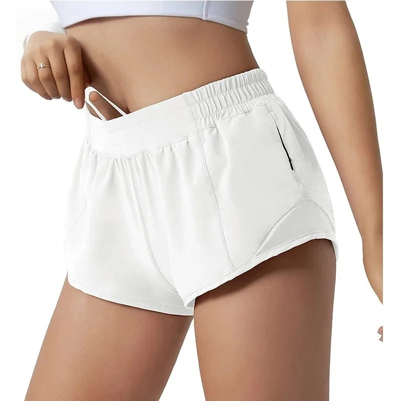 Short de sport à séchage rapide avec poches zippées doublées, short de running taille haute pour femme
