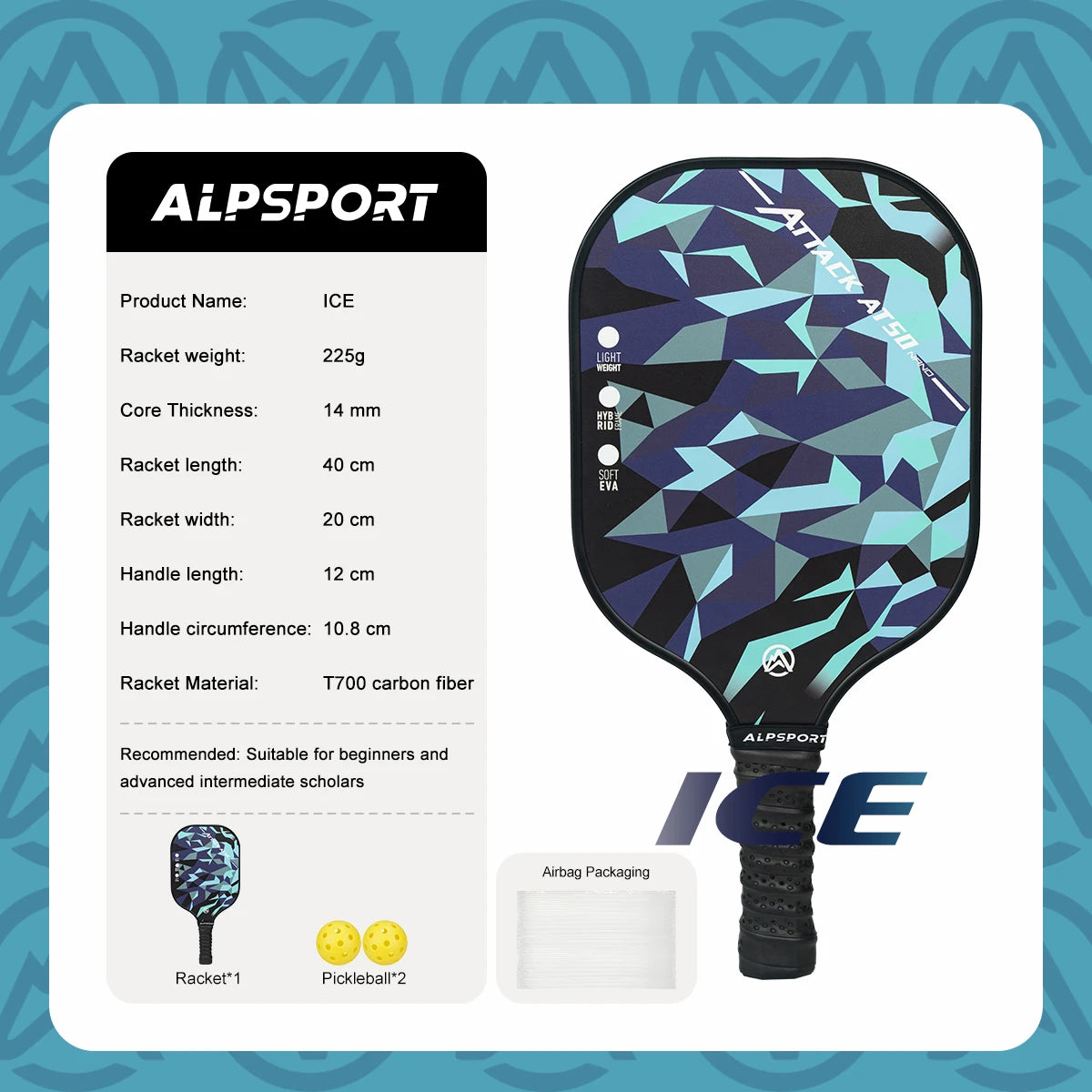 ALPSPORT ICE Double-sided T700 Carbon Fiber USAPA Certified Pickleball Paddle Black One-piece Racket Beginner Kit With Free Ball