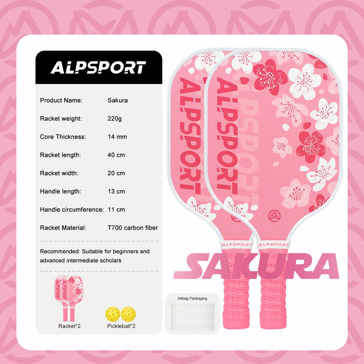 ALPSPORT ICE Double-sided T700 Carbon Fiber USAPA Certified Pickleball Paddle Black One-piece Racket Beginner Kit With Free Ball