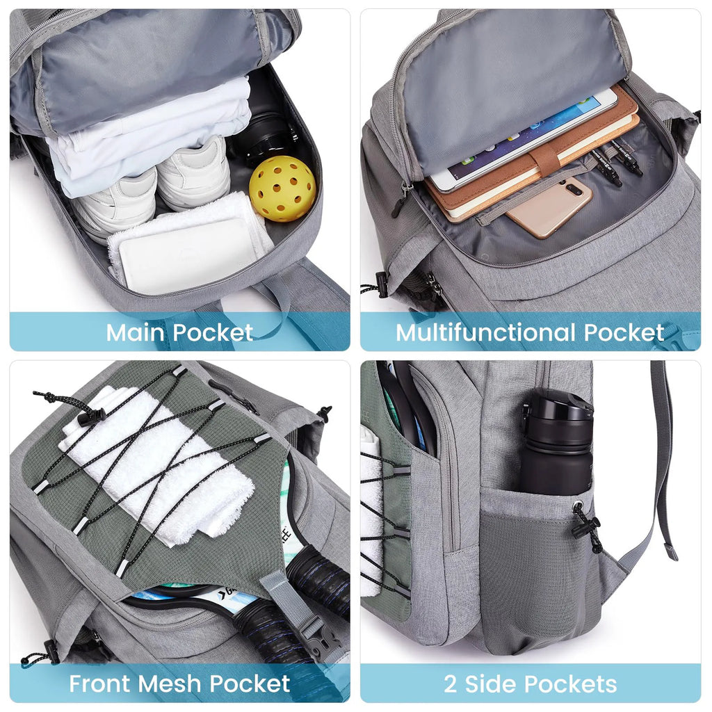 Sac à dos portable pour raquettes de pickleball, grande capacité, avec veilleuse intégrée, idéal pour la randonnée et les sorties.