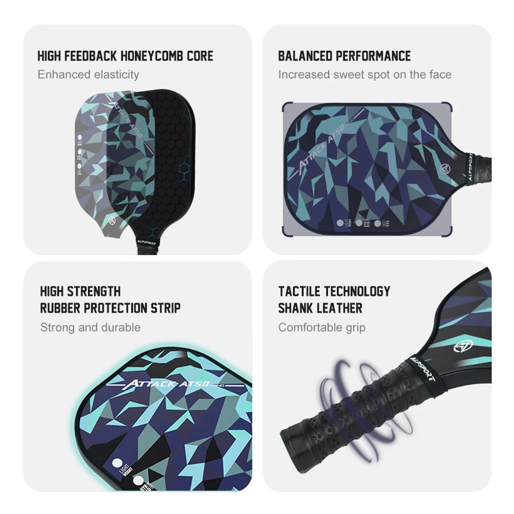 Raquette de pickleball ALPSPORT ICE double face en fibre de carbone T700 certifiée USAPA, noire, monobloc, kit débutant avec balle offerte