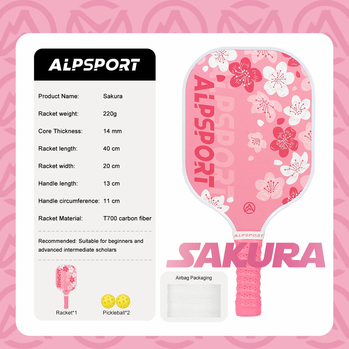 ALPSPORT ICE Double-sided T700 Carbon Fiber USAPA Certified Pickleball Paddle Black One-piece Racket Beginner Kit With Free Ball