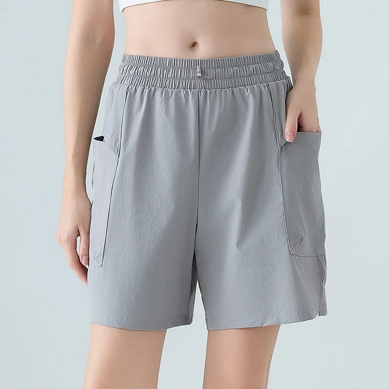 New Summer Quick Drying Sports Shorts for Women, Cool, Breathable, Loose Fit, Worn with Side Pockets, Running Cropped Pants