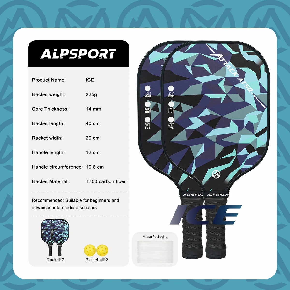 ALPSPORT ICE Double-sided T700 Carbon Fiber USAPA Certified Pickleball Paddle Black One-piece Racket Beginner Kit With Free Ball