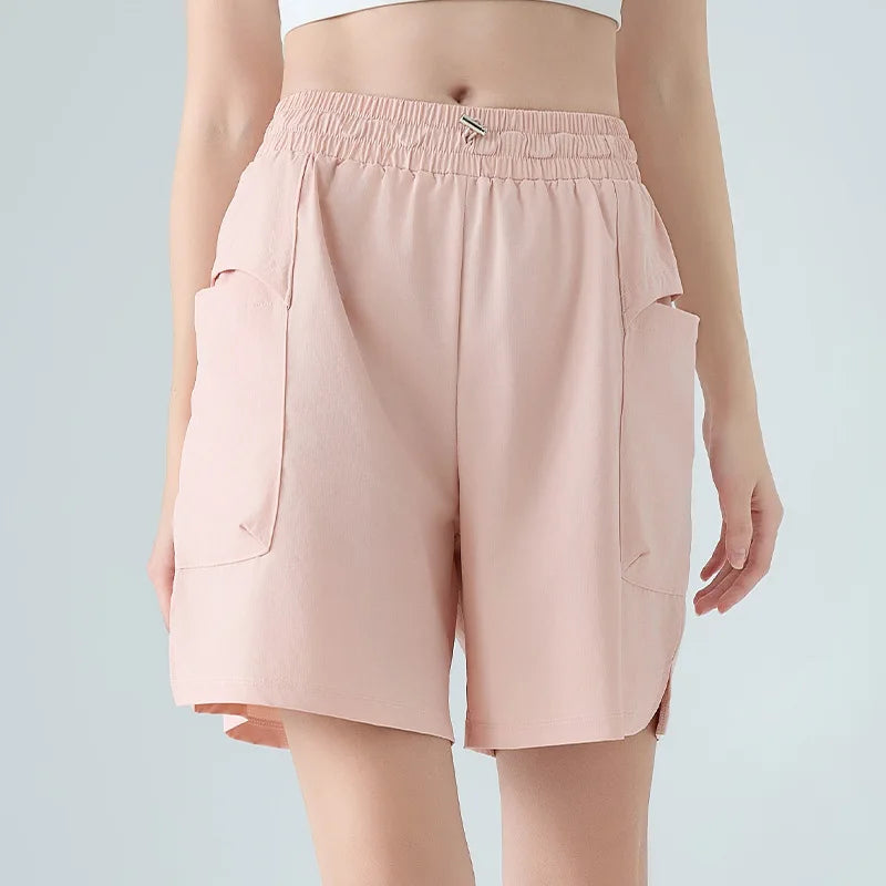 New Summer Quick Drying Sports Shorts for Women, Cool, Breathable, Loose Fit, Worn with Side Pockets, Running Cropped Pants