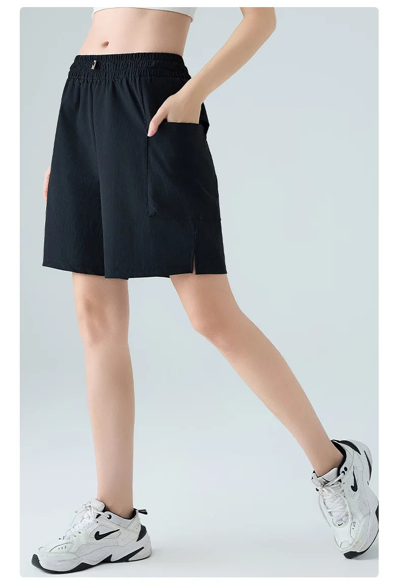 New Summer Quick Drying Sports Shorts for Women, Cool, Breathable, Loose Fit, Worn with Side Pockets, Running Cropped Pants
